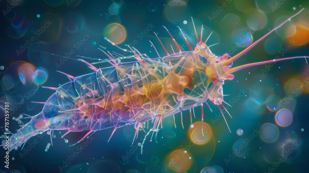 A microscopic image of a copepod a tiny crustacean covered in spinelike structures that help it navigate through the turbulent currents - obrazy, fototapety, plakaty 