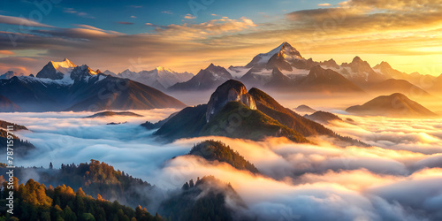 A majestic mountain range bathed in the soft light of dawn, with mist swirling around the peaks and valleys below © Big