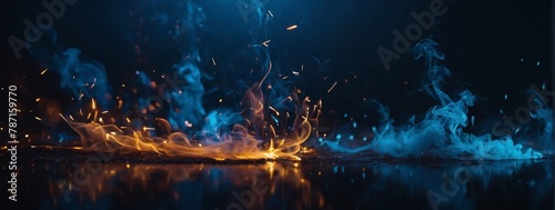 Dark abstract bokeh background  magic smoke and sparks  neon blue.