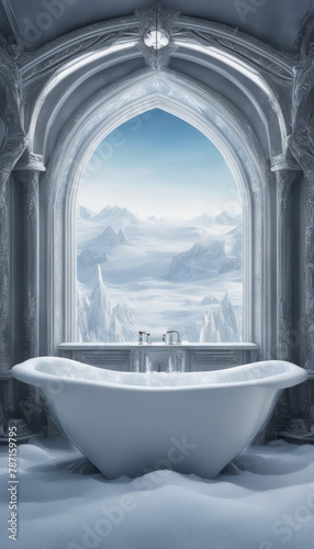 Luxurious bathroom with a view of snow-capped mountains