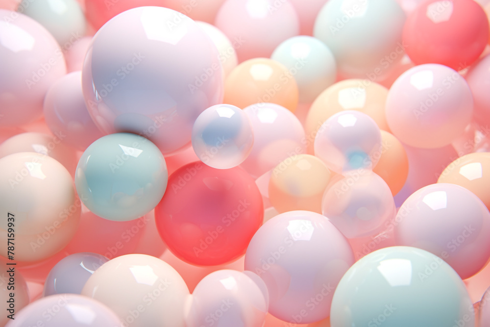 Whimsical pastel delights soft color balls and bubble gums.  Abstract digital Illustration of pink soft color 3D matt balls. AI-generated.