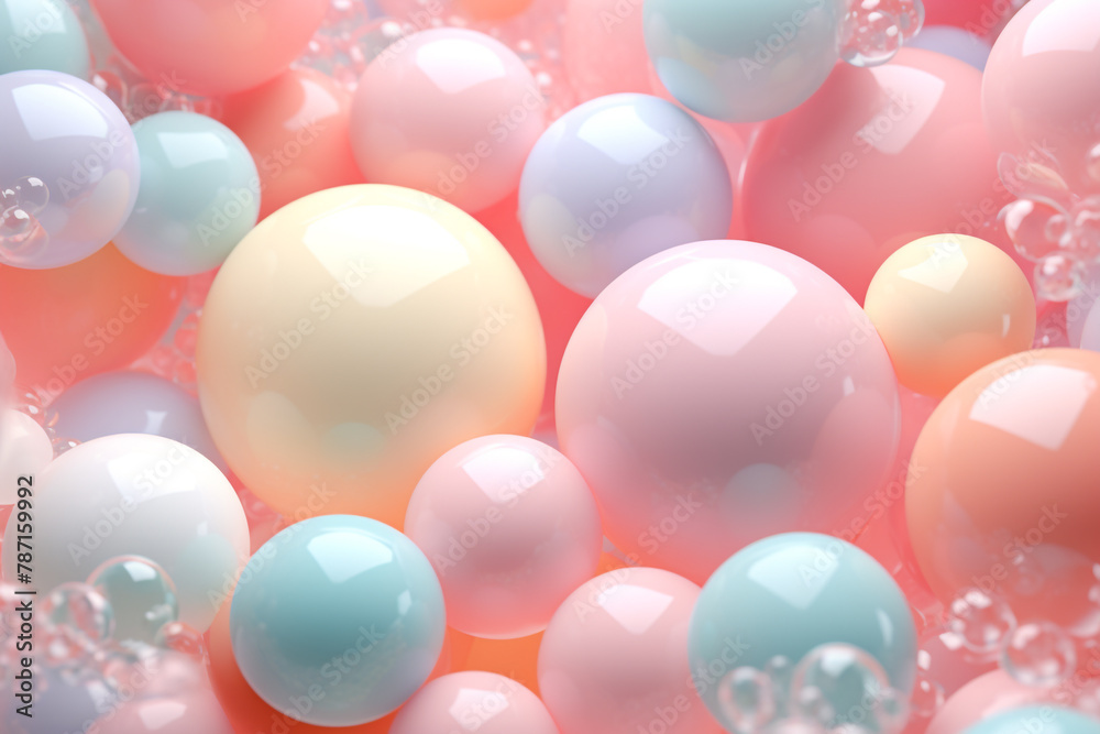 Whimsical pastel delights soft color balls and bubble gums.  Abstract digital Illustration of pink soft color 3D matt balls. AI-generated.