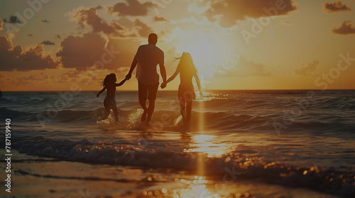 Silhouette of a father holding his child's hand while walking on the beach in the evening.