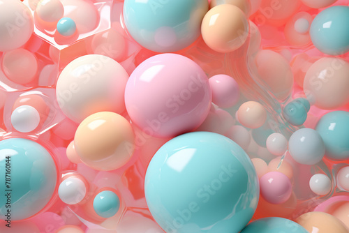 Whimsical pastel delights soft color balls and bubble gums.  Abstract digital Illustration of pink soft color 3D matt balls. AI-generated.