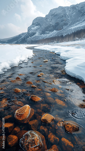 Vertical portrait-oriented photo of an icy landscape with a freezing river runn ing through the center photo