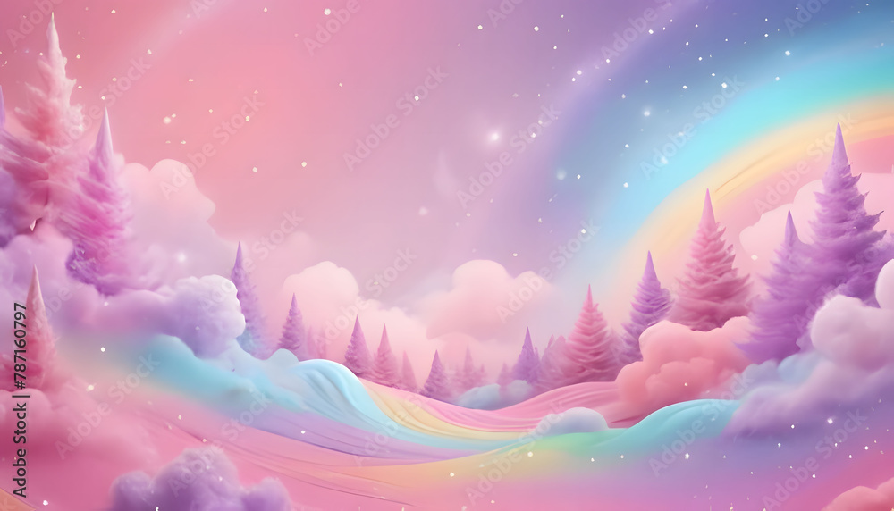 Obraz premium A pastel rainbow unicorn background including sparkling stars. A hazy, pink fantasy sky. Charming holographic area. Fairy iridescent gradient backdrop Backgrounds 