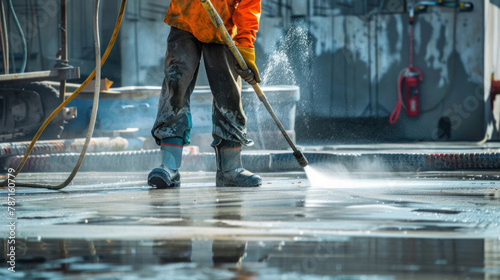 A construction worker is seen using a high-pressure water jet to clean the concrete floor.