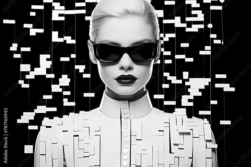 A monochrome image featuring a woman with sleek sunglasses and a digitalized disintegration effect - obrazy, fototapety, plakaty 