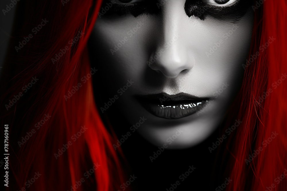 A captivating close-up of a woman with red hair and dark makeup - obrazy, fototapety, plakaty 