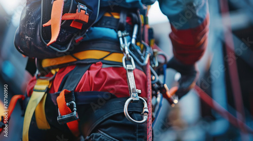 A worker is equipped with a fall arrestor device attached to a safety body harness, with selective focus on the hooks, while working at height. © Wararat