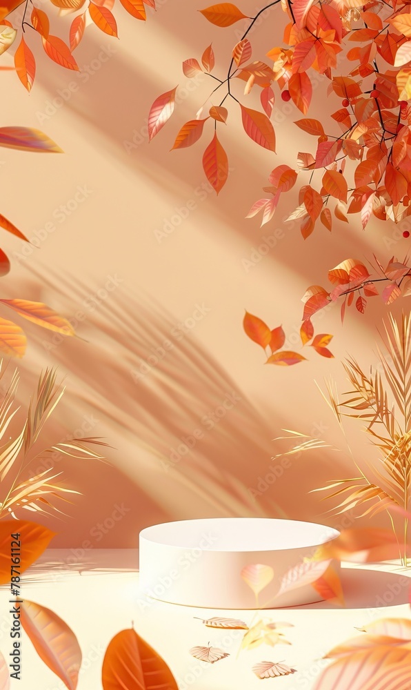 Elegant product display stand with autumn leaves and soft shadows in a warm, light setting Elegant product display stand with autumn leaves and soft shadows in a warm, light setting