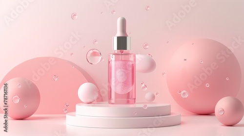 A pink serum bottle on a minimalistic display with spherical shapes and floating bubbles in a pastel setup