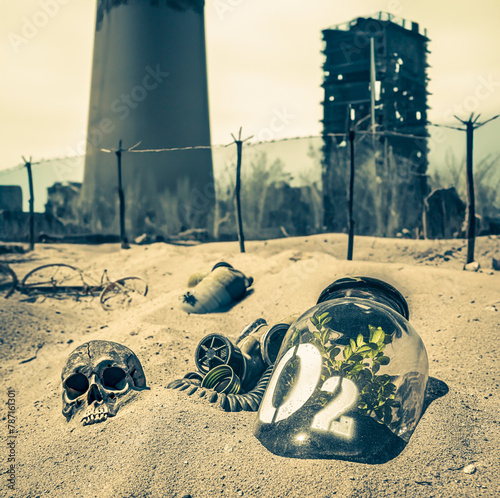 Strange jar with plant in ruined post war city.