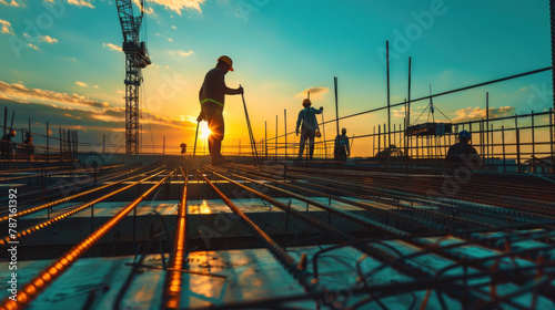 Construction workers are seen fabricating steel reinforcement bars at the construction site.