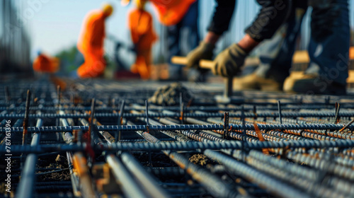Construction workers are seen fabricating steel reinforcement bars at the construction site. photo