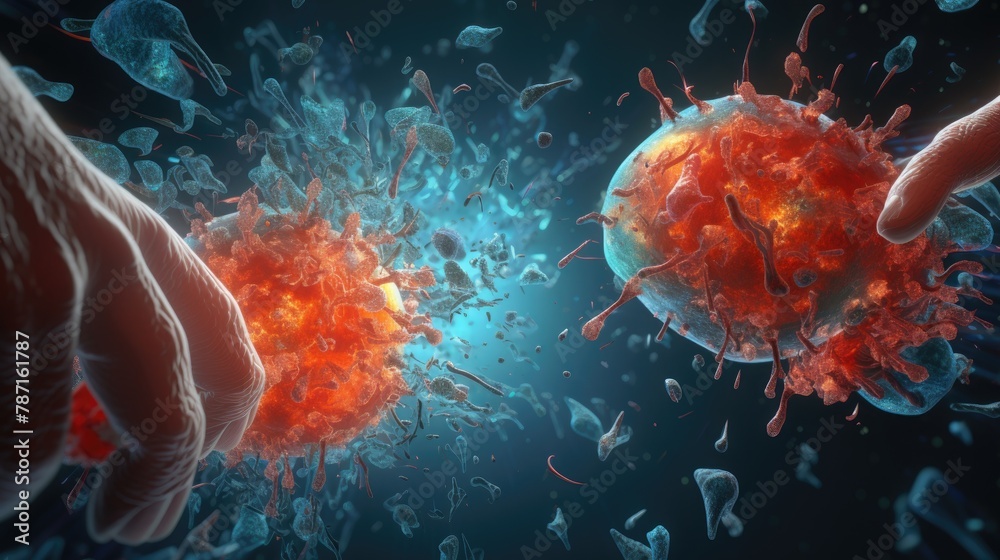 A vibrant 3D animation of a microscopic battlefield within the stomach, featuring enzymes and stomach acids clashing with invasive bacteria, clear lighting - obrazy, fototapety, plakaty 
