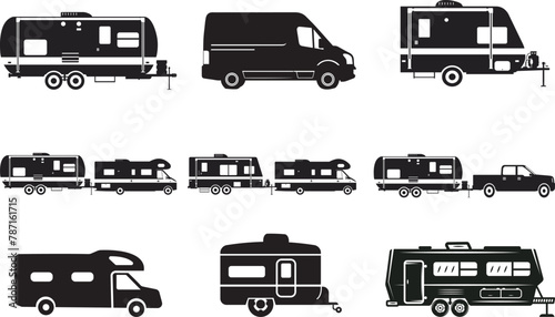 Black auto RVs, Camper vans / Camping cars icons set. Simple flat design truck trailers, recreational types vehicles for app ui ux web button,