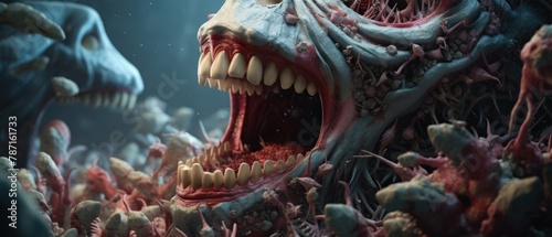 A surreal 3D depiction of a microscopic battlefield within the human mouth, with immune cells battling oral bacteria among teeth and gums, accurate anatomy