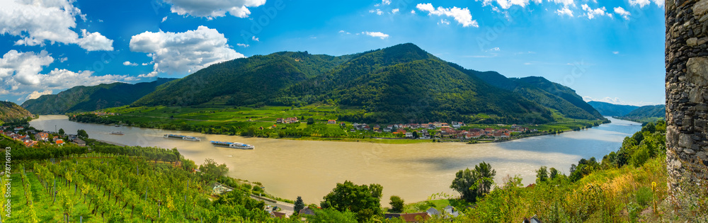 View from castle Hinterhaus in Spitz Wachau Austria with Danube river and vineyards View from castle Hinterhaus in Spitz Wachau Austria with Danube river and vineyards