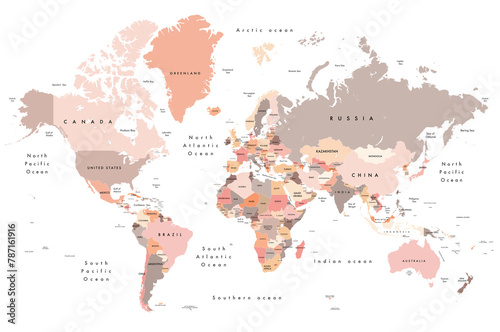 world map  shades of brown  pink  cream and orange  Illustration showing country names and oceans. Hi res Jpeg image