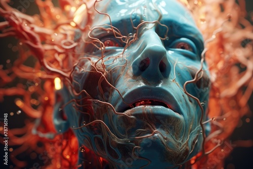 A visually striking 3D scene within the human facial muscles, depicting cells fighting tension and stress-induced conditions, clear lighting photo
