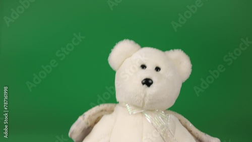 Stuffed and fluffy teddy bear toys with angel wings playing and dancing on a green background. photo