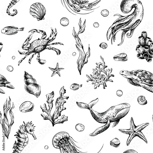 Underwater world clipart with sea animals whale, turtle, octopus, seahorse, starfish, shells, coral and algae. Graphic illustration hand drawn in black ink. Seamless pattern EPS vector.