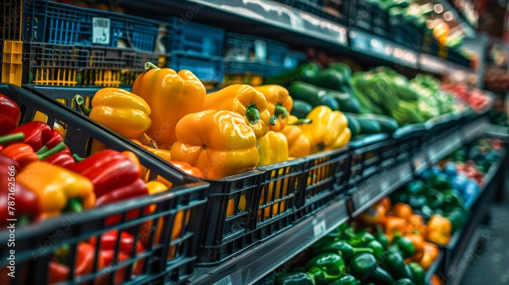 A vivid display of fresh bell peppers arranged neatly at a local grocery store aisle