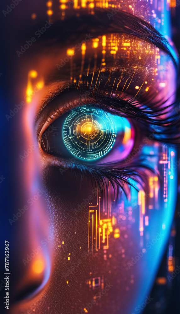 Digital eye with colorful lines and numbers