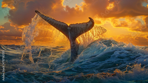 Moby Dick's tail, Whale Tail Splashing in Ocean at Sunset. photo