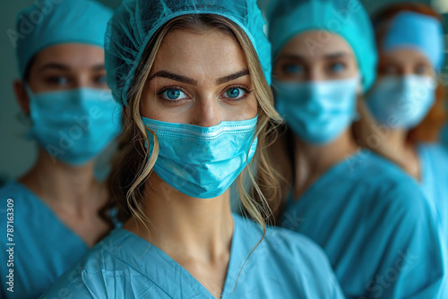 Medical professionals in scrubs with face masks. Generative AI image