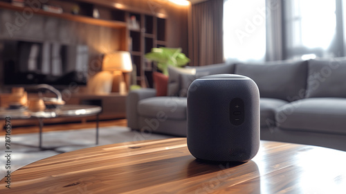 Generative AI illustration of contemporary smart speaker is centrally positioned on a glossy wooden table, set against the backdrop of a plush living room interior