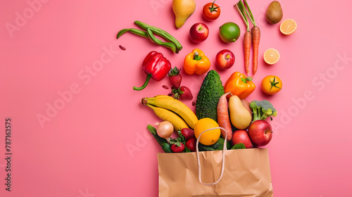 Fresh fruit and vegetables in paper bag on pastel pink background top view copy space Food groceries in bio package flat lay : Generative AI photo