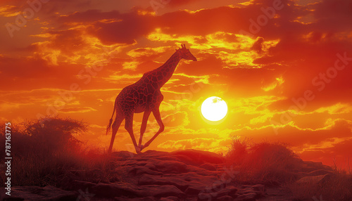 Silhouette of lonely Giraffe walking by deserted savannah against fiery sunset creates dramatic  majestic scene in desert. Appealing Africa s Beauty in nature  animals natural wildlife habitat concept