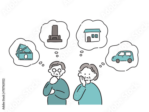 相続に悩むシニア夫婦のイラスト