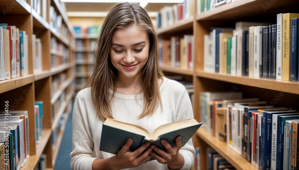 Young woman reading a book in a library among shelves full of books, concept of Education, high school, university, learning and people concept. Smiling student girl reading book generative ai
Young woman reading a book in a library among shelves full of books, concept of Education, high school, university, learning and people concept. Smiling student girl reading book generative ai
