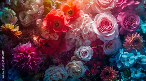 An enchanting array of colorful flowers arranged to form a beautiful rainbow gradient