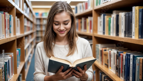 Young woman reading a book in a library among shelves full of books, concept of Education, high school, university, learning and people concept. Smiling student girl reading book generative ai 