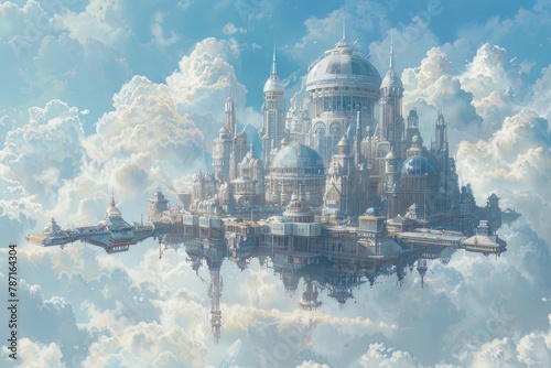 A beautiful sky city with white marble buildings and golden domes, floating in a sea of clouds.