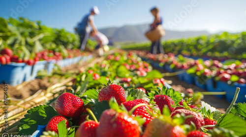 Golden-lit strawberry fields stretch under a pristine blue sky, with families happily harvesting ripe strawberries, baskets in hand.