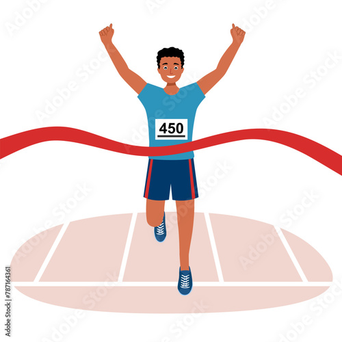 Male runner break ribbon at finish line. Winner.