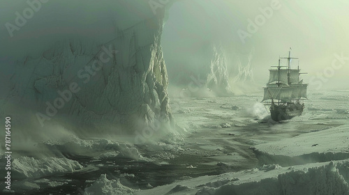 Tall Ship Sailing Through Arctic Icebergs photo