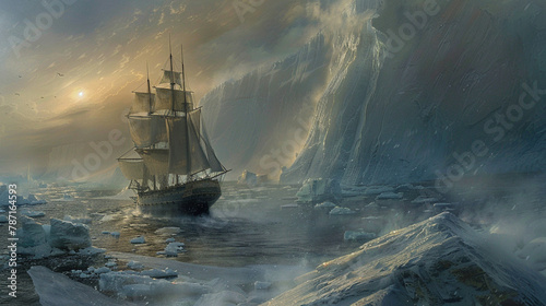 The chase, Moby Dick leading, the Pequod following, through icebergs and fog, cold, desolate. Illustrations. photo
