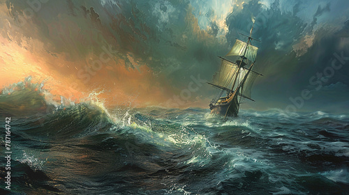 The Pequod sails, Moby Dick in the distance, turbulent ocean, stormy sky, Melville's epic tale.