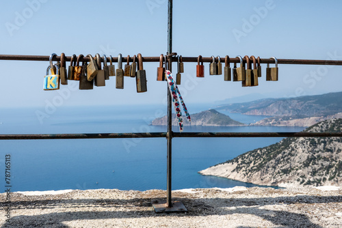 Padlocks on a fence overlooking the Mediterranean, on Kefalonia, Greece