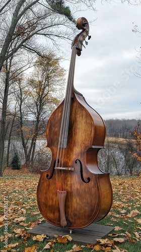 Large wooden double bass standing alone on a wooden platform amidst fallen leaves photo