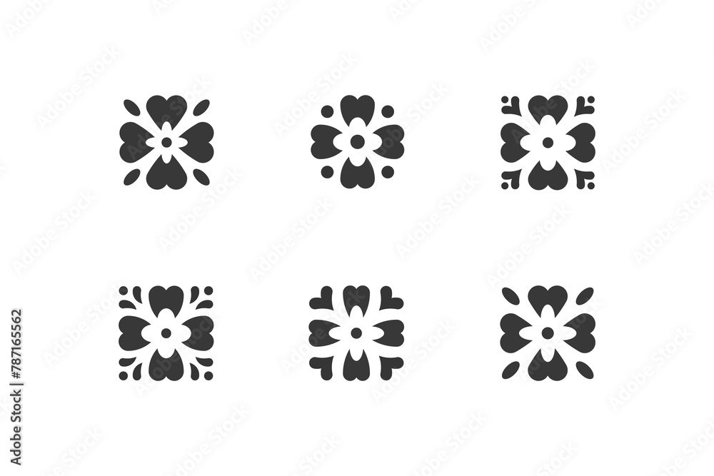 Four-leaf flower element. Set of 6 geometric emblem. Modern abstract decor element for emblem, badge, insignia. Four-leaf flower element. Set of 6 geometric emblem. Modern abstract decor element for emblem, badge, insignia.