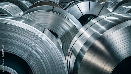 Several large, cylindrical metal rolls, showcasing a captivating gradient of silver to muted gray hues. The metal, possibly steel or aluminum photo