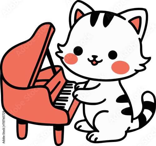 illustration of a cute cat musician playing a piano