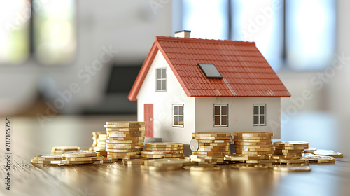 Real estate investment concept with house model and coins. 